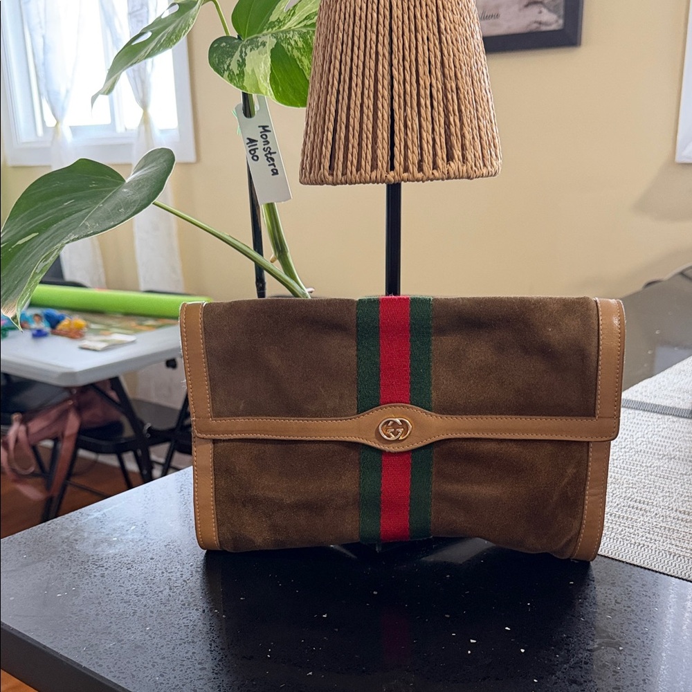 Gucci Tan Suede Clutch with Green and Red Accents